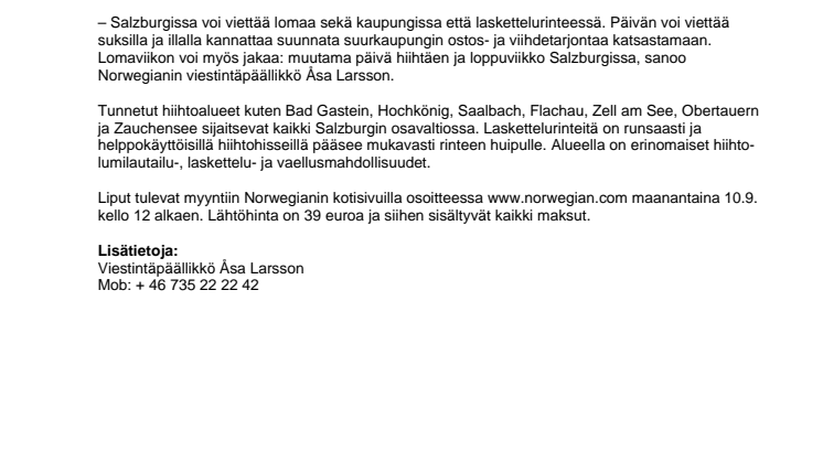 Norwegian aloittaa suorat lennot Salzburgiin, Mozartin syntymäkaupunkiin