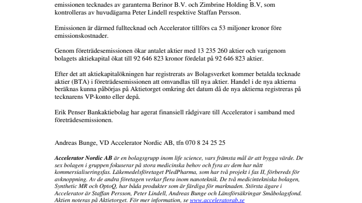 Accelerators nyemission fulltecknades