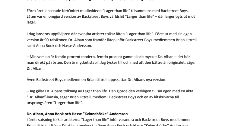 Svenska artister tolkar ”Lager than life” – Dr. Alban först ut med sin version 