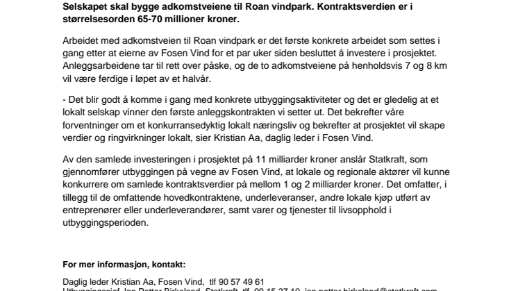 Lokal entreprenør vant første anleggskontrakt for Fosen Vind