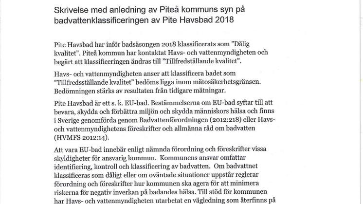 Myndighet ändrar klassificering av badvatten vid Pite havsbad
