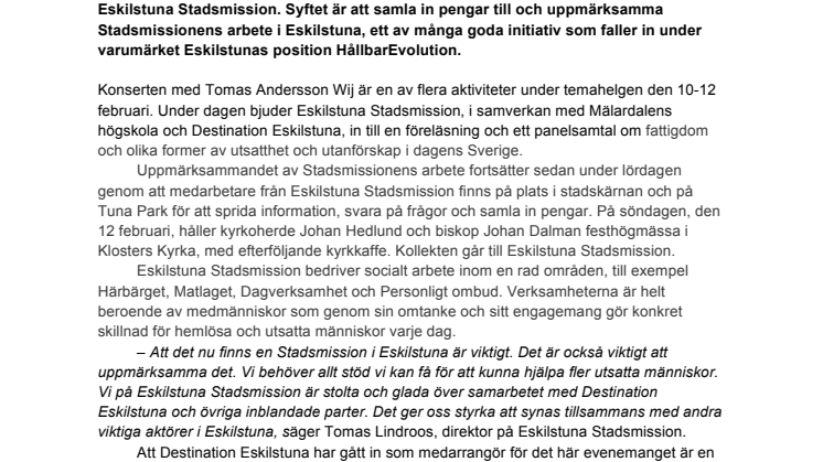 Välgörenhetskonsert med Tomas Andersson Wij, en helg om fattigdom, utanförskap och Stadsmissionens arbete  