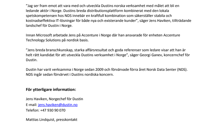 Jens Haviken blir landschef för Dustin i Norge