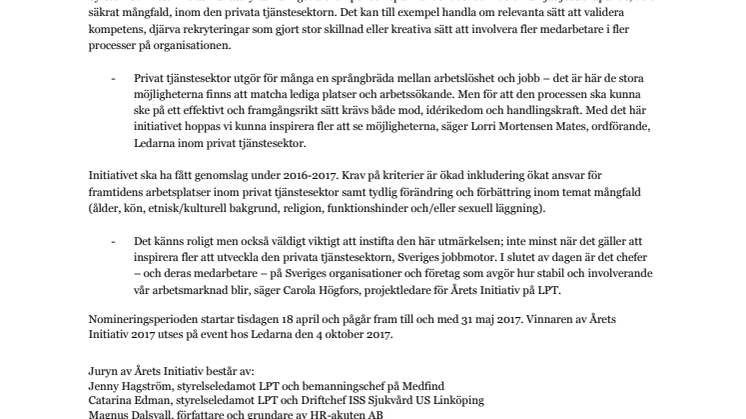 LPT instiftar pris för jobbskapande initiativ 