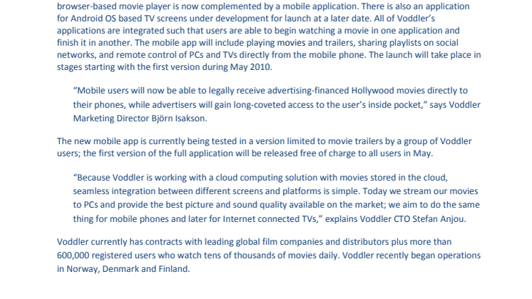 Voddler launches mobile app for Google’s Android OS