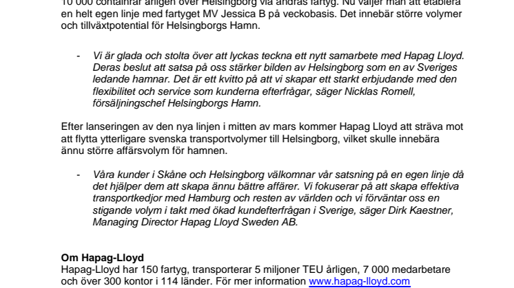 Rederiet Hapag-Lloyd väljer Helsingborgs Hamn för ny linje
