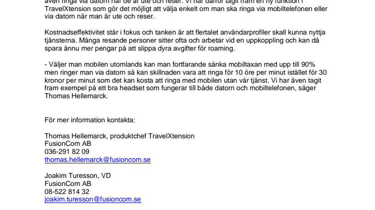 FusionCom utökar TravelXtension med softphone till datorn