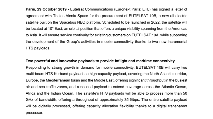 Eutelsat orders EUTELSAT 10B satellite for inflight and maritime connectivity services 