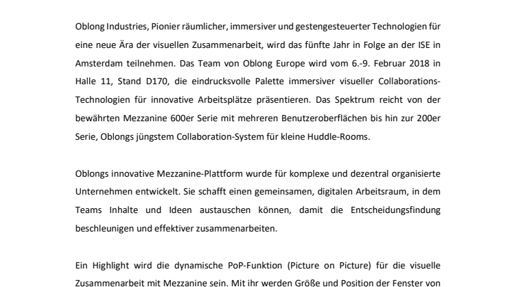 Erleben Sie die Mezzanine Collaboration-Lösungen von Oblong hautnah auf der ISE 2018.