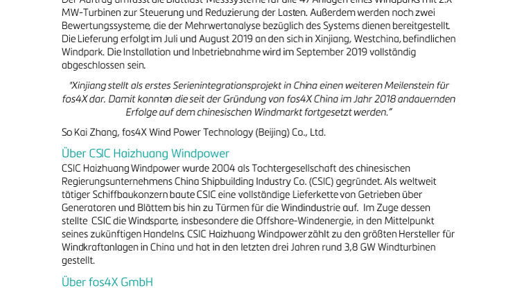 Großer Erfolg auf dem chinesischen Windmarkt: fos4X gewinnt CSIC Haizhuang Windpower als neuesten Kunden