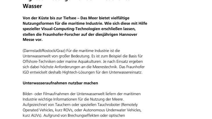 HANNOVER MESSE 2015: Fraunhofer IGD zeigt Hightech-Lösungen für den Einsatz unter Wasser