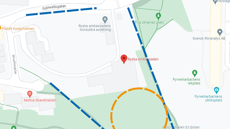 Liberalerna Stockholm vill döpa om gata utanför Rysslands ambassad Karta: Google Maps
