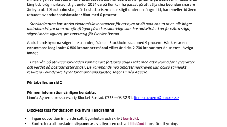 Andrahandsboendet 2014: snitthyrorna i landet fortsätter att stiga