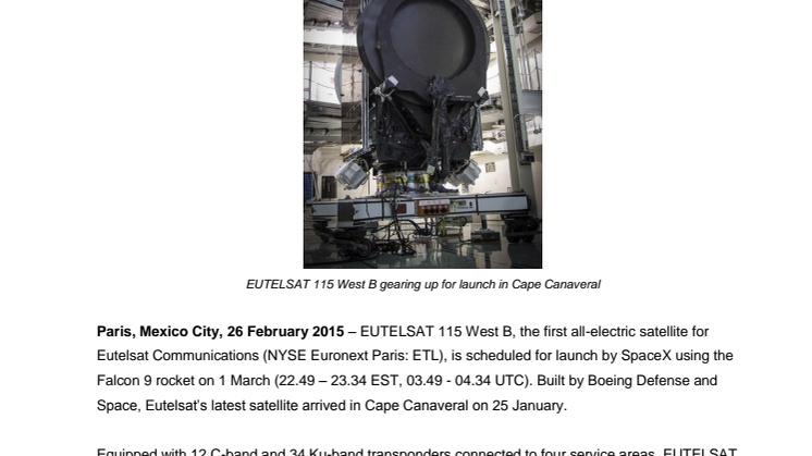 EUTELSAT 115 West B satellite gears up for launch