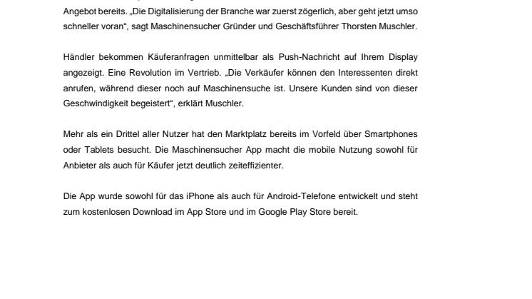 Maschinensucher.de: Kostenlose Mobile App jetzt auch international