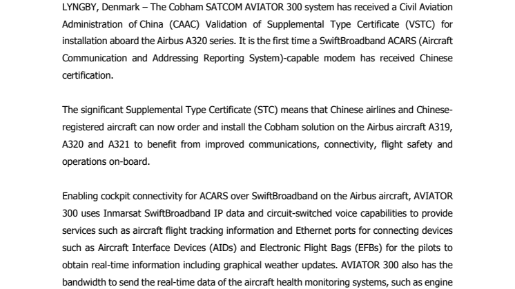 Cobham SATCOM: First Chinese Certification Awarded to Cobham SATCOM System