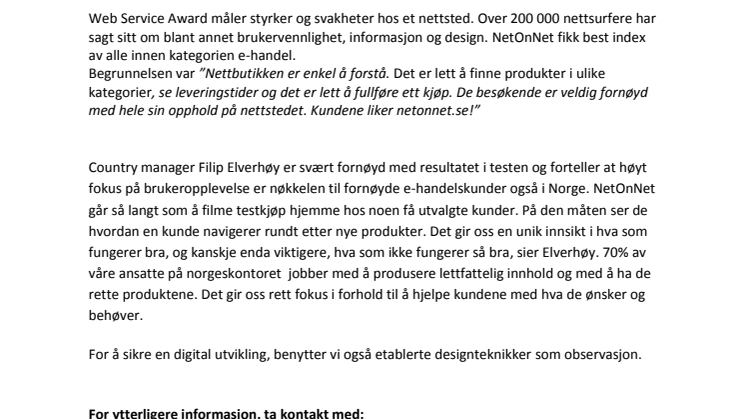 NetOnNet vant Web Service Awards 2012