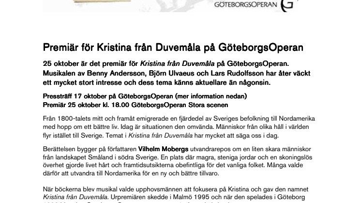 Premiär för Kristina från Duvemåla på GöteborgsOperan