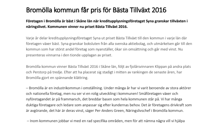 Bromölla kommun får pris för Bästa Tillväxt 2016