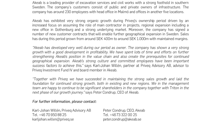 Priveq Investment divests Akeab to Triton
