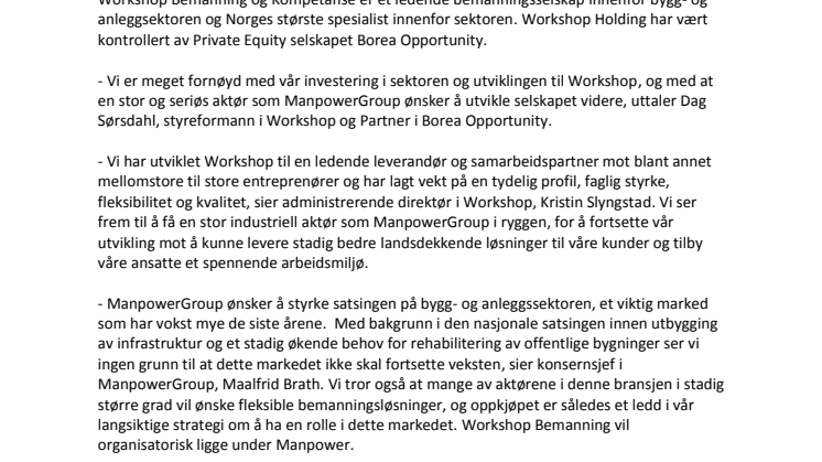 ManpowerGroup kjøper Norges største bemanningsspesialist innen bygg og anlegg fra Borea Opportunity