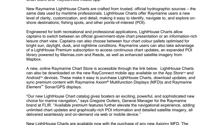 Raymarine LightHouse Charts Now Available with New Chart Store and RayConnect Mobile App