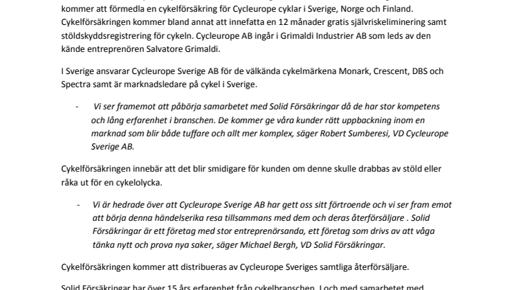 Solid Försäkringar inleder samarbete med Cycleurope AB