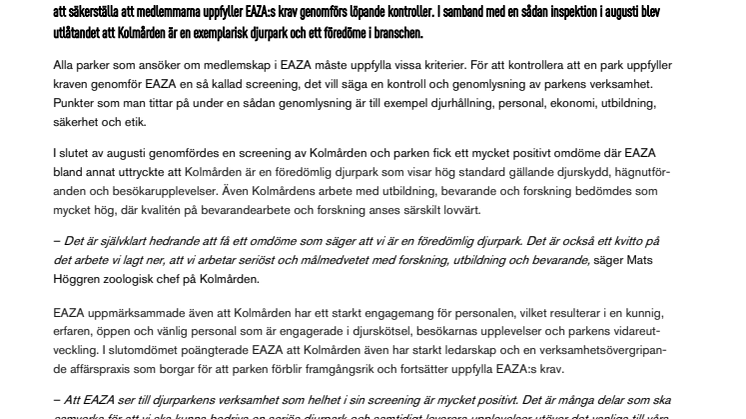 Kolmården är en föredömlig djurpark enligt EAZA