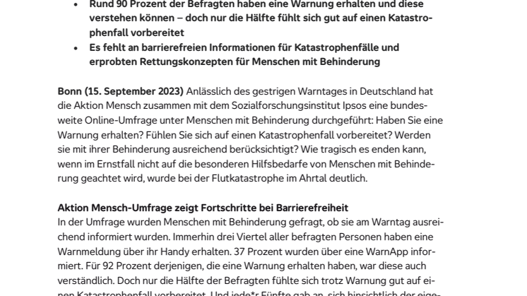 Aktion Mensch-Umfrage unter Menschen mit Behinderung zum bundesweiten Warntag: Nur die Hälfte fühlt sich auf Katastrophenfall gut vorbereitet