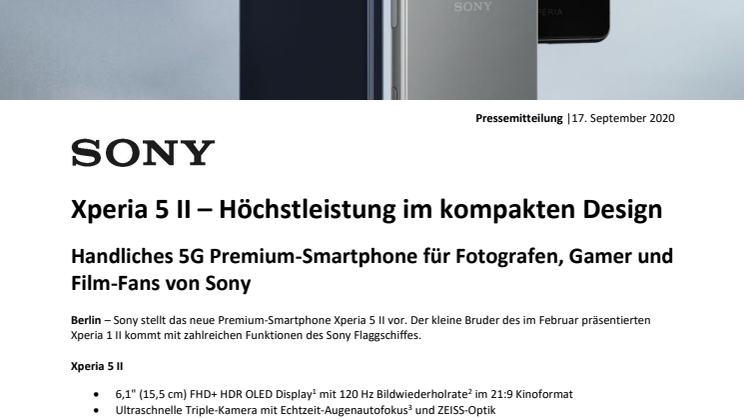 Sony Pressemitteilung - Sony stellt das Xperia 5 II vor