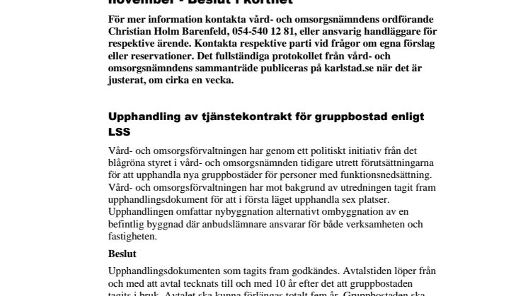 Vård- och omsorgsnämndens beslut i korthet 13 november