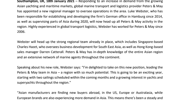 Peters & May Appoints New Regional Manager as Asian Demand Picks Up