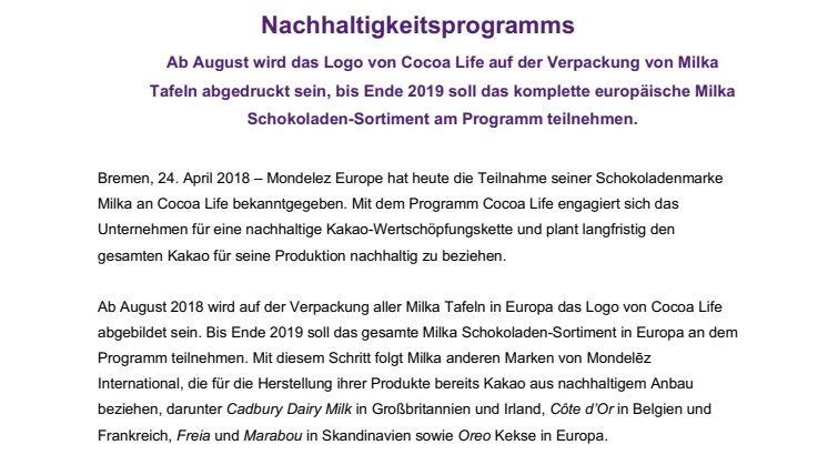 Milka wird Teil des Cocoa Life Nachhaltigkeitsprogramms