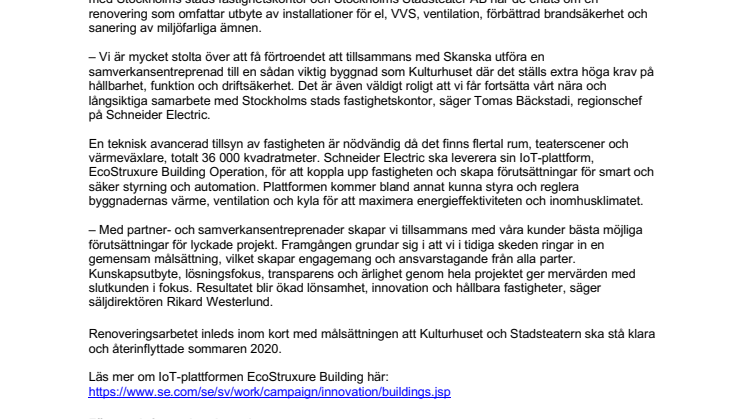 Schneider Electric får uppdrag att delta i renovering av Stockholms Kulturhus och Stadsteater