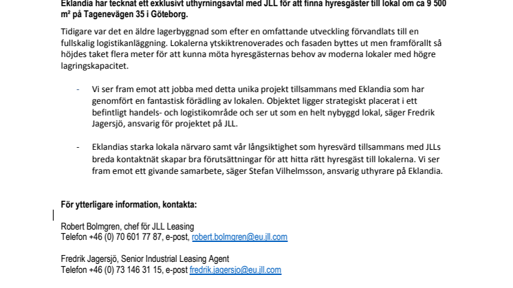 Eklandia anlitar JLL i uthyrningsuppdrag för totalrenoverad logistikanläggning