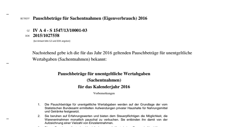 Warenentnahmen in der Gastronomie: Pauschbeträge für Sachentnahmen für das Kalenderjahr 2016