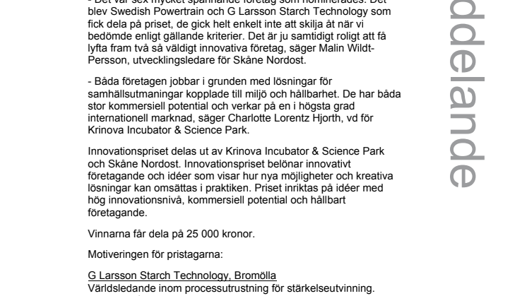 Vinnare av Årets Innovationspris - Swedish Powertrain Techcenter och G Larsson Starch Technology 