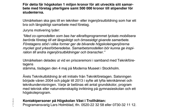 Teknikutmärkelse och 1,5 miljoner till Högskolan Väst, Trollhättan
