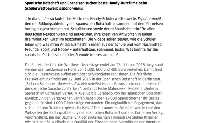 Spanische Botschaft und Cornelsen suchen beste Handy-Kurzfilme beim Schülerwettbewerb Español-móvil 