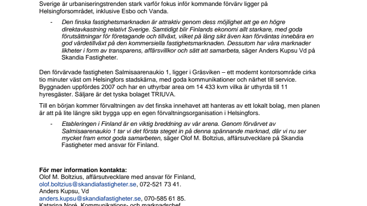 Skandia Fastigheter startar verksamhet och investerar i Finland