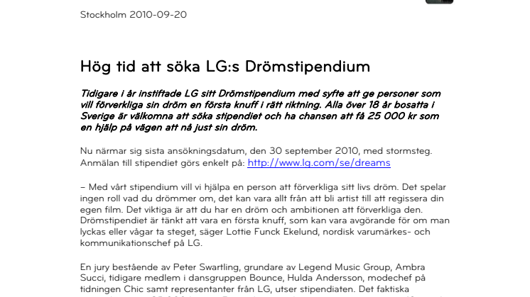 Hög tid att söka LG:s Drömstipendium