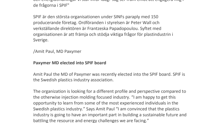 Paxymers VD invald i SPIFs styrelsen