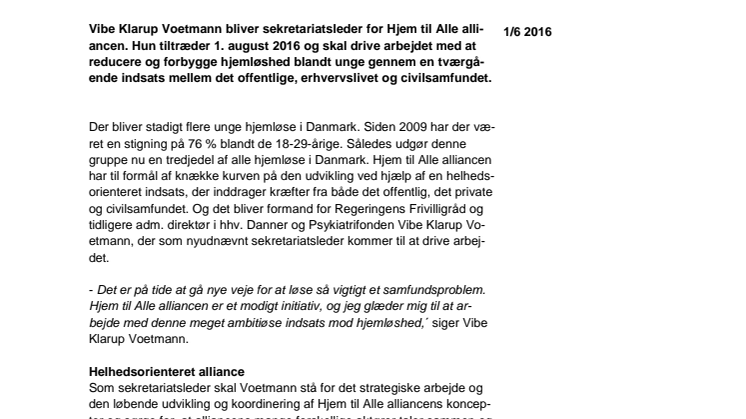 Formand for Frivilligrådet skal lede Hjem til Alle alliancen