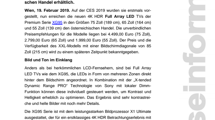 4K HDR Full Array LED Flaggschiff-Serie XG95 in Kürze im Handel erhältlich