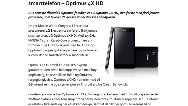 LG Electronics lanserer sin første firekjerners smarttelefon – Optimus 4X HD