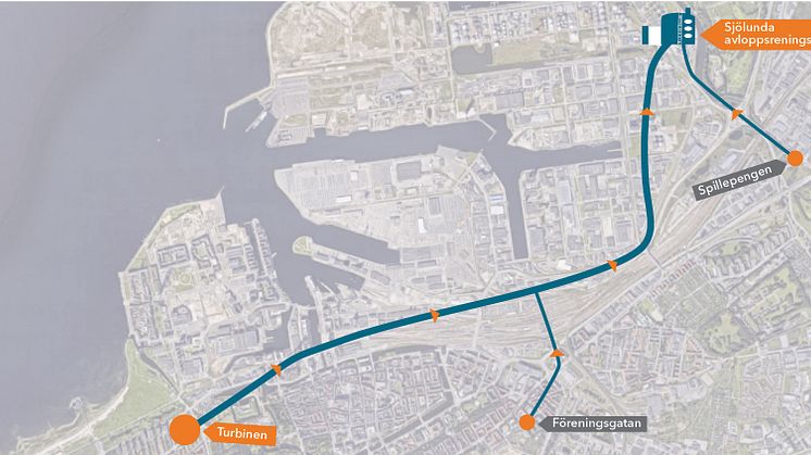 Planerad sträckning för en avloppstunnel i Malmö. Tunneln byggs på ett betydande djup, vilket underlättar stadens tillväxt, och med en lutning som gör att vattnet av sin egen kraft kommer till avloppsreningsverket. 