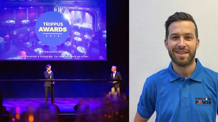 Johnny Ewerstein, projektledare för LIEBHERR World Table Tennis Championships 2018 i Halmstad (till höger) mottog utmärkelsen under Trippus Awards.