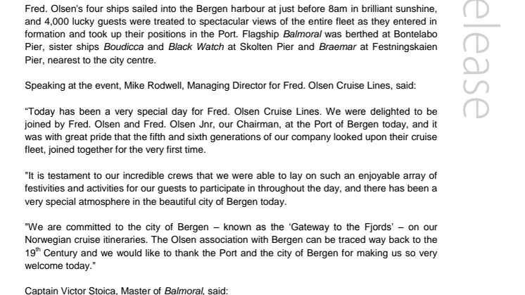 I saw four Fred.s come sailing in! Fred. Olsen Cruise Lines celebrates historic fleet gathering in Bergen on 28th July 2015