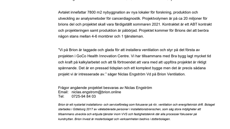 Brion Installation & Service Ventilation installerar för GoCo Fujirebio
