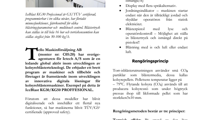 Tello Maskinförsäljning levererar Icetech’s nya digitala kolsyreblästemaskiner med GS/TÜV certifiering